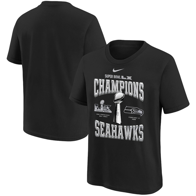 Men's Seattle Seahawks Black Super Bowl LX Champions Locker Room Trophy Collection T-Shirt